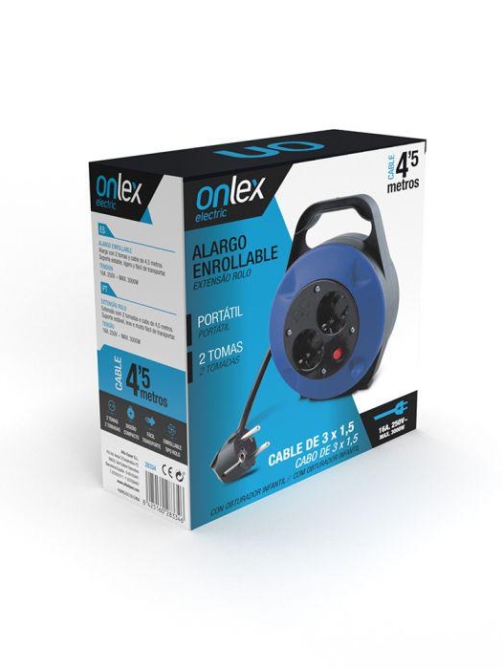 Alargo enrollable 4 5 metros 3x1 5mm 2 tomas Onlex